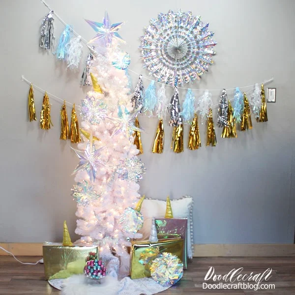 Unicorn Christmas Tree with Iridescent Decorations from Oriental Trading